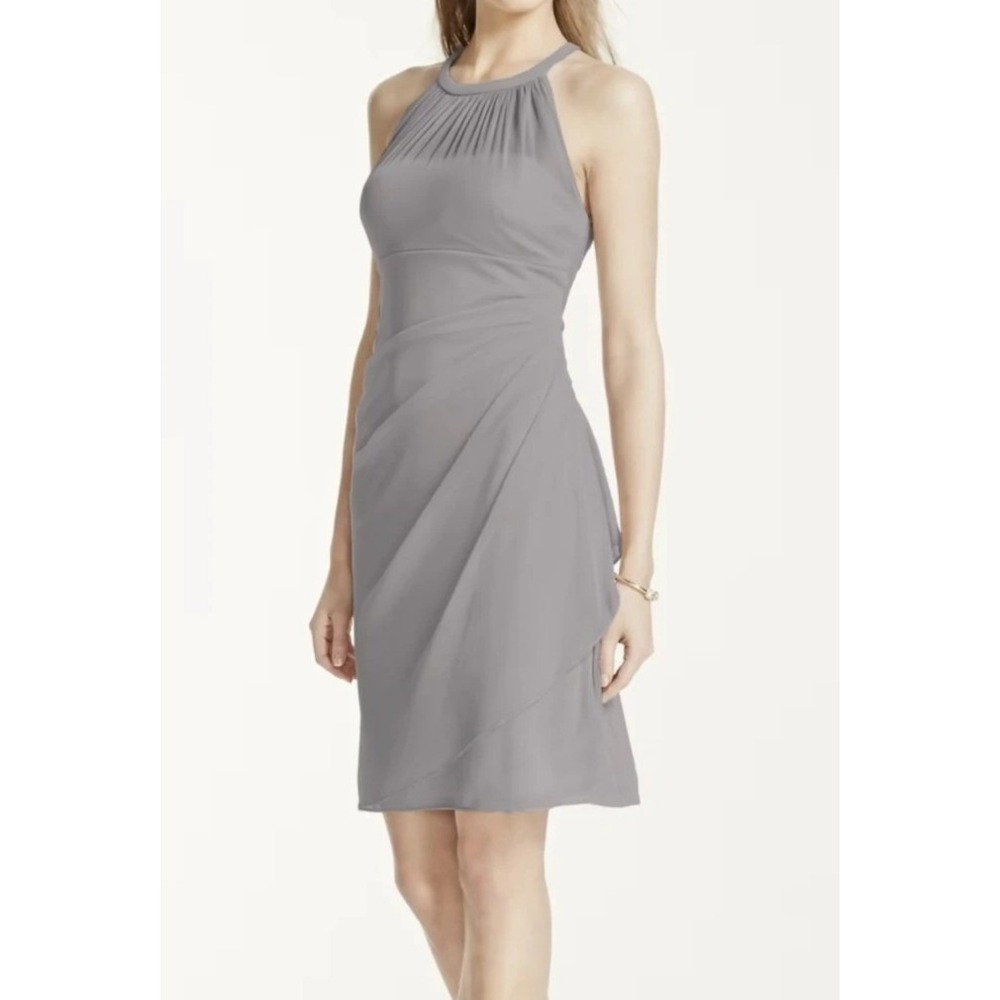 David's Bridal Cocktail Dress 12 Gray High Neck Mesh Cascade Bodycon Mercury